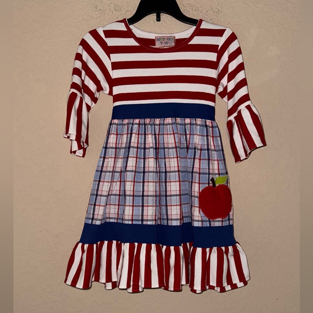 Southern Tots Girls Belted Red, White And Blue Apple Dress In Cotton Size 6